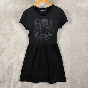 Folded & Hung Mini Dress Womens Size M Black Tiger Embroidered Mixed Media
